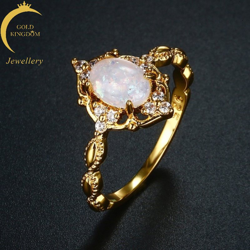 Goldkingdom Perhiasan Fashion Aksesoris Bangkok 24K Ready Stock Cincin Opal Wanita Lapis Emas Asli Kadar 375 Dengan Batu Permata Putih Moonlight Minimal