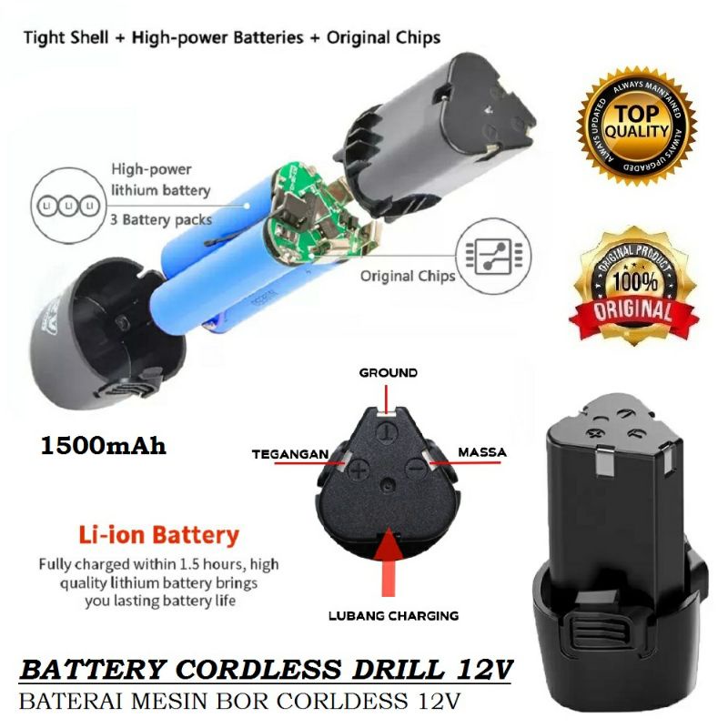 Baterai Mesin Bor Cas 12v 1500mAh Li-on Battery Batre Baterai Bor Electric Cordless Rechargeable Cocok Untuk Semua Merk