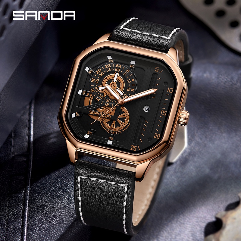 SANDA 7038 Jam Tangan Pria Analog Chronograph Tali Kulit Luminous Display WATCHKITE WKOS
