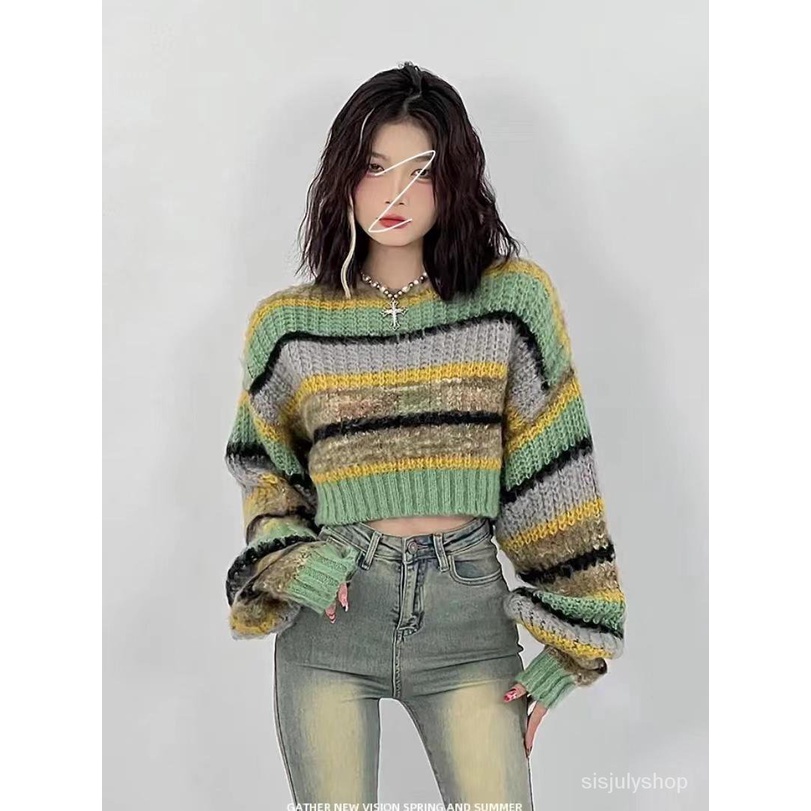 #Sisjuly# Jumper bergaris pendek bagian pendek jahitan baru wanita atasan rajutan lengan panjang wan