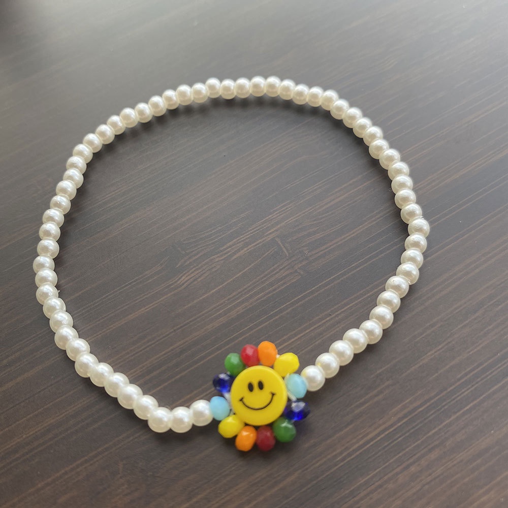 Gelang Tangan Elastis Motif Bunga Matahari / Smiley Hias Kristal / Mutiara Warna-Warni Untuk Wanita