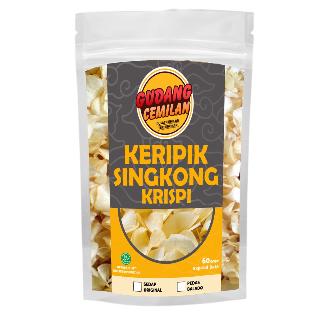 

Keripik Singkong Krispi 60 Gram Kemasan STP Bening Tebal dengan Klip Seal - Cemilan Pedas