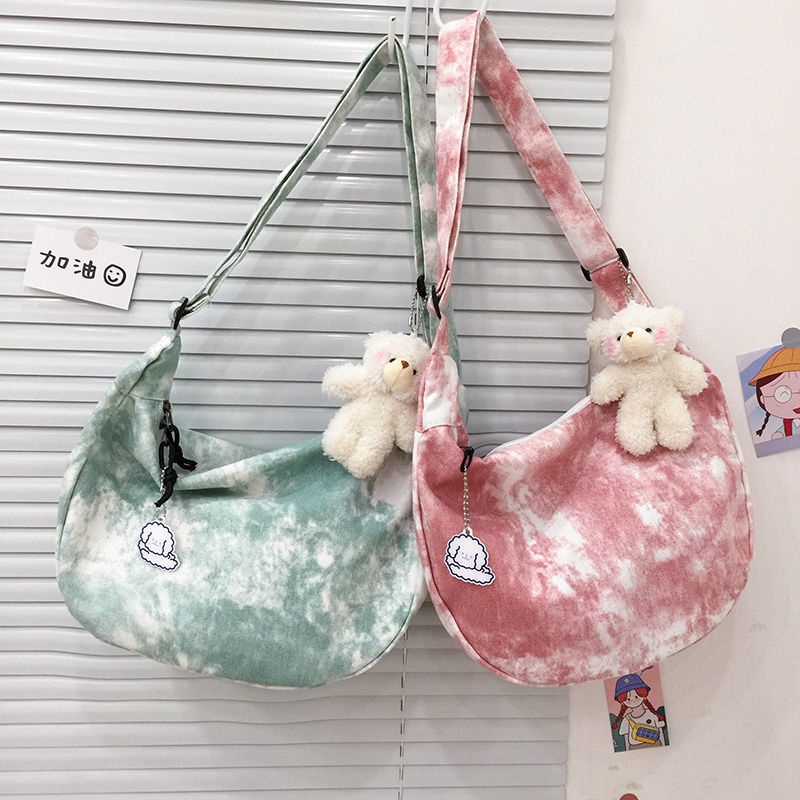 ◊Harajuku Jepang Chic Vintage Gadis Tie-Dye Lembut Gadis Tas Kanvas Versi Korea In Sederhana Messenger Tas Dumpling Bag