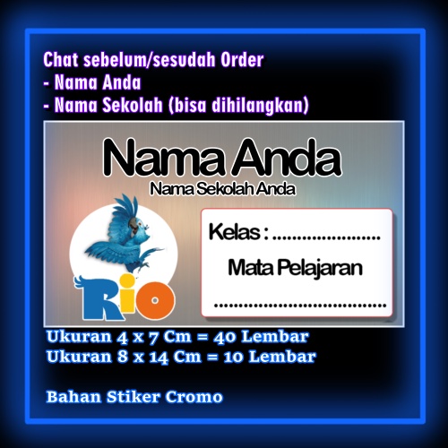 

Stiker Label Buku Rio Burung Biru Kartun Anime Lucu Karakter Lucu Custom Lebel Nama cromo murah 20 Varian berbeda Sticker Pelajaran Mapel buku anak sekolah Vol 1