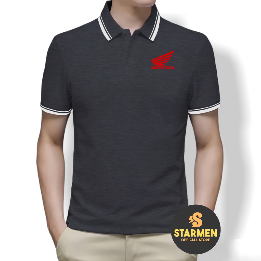 Kaos Polo Shirt Pria Kerah List Putih Logo HONDA RED