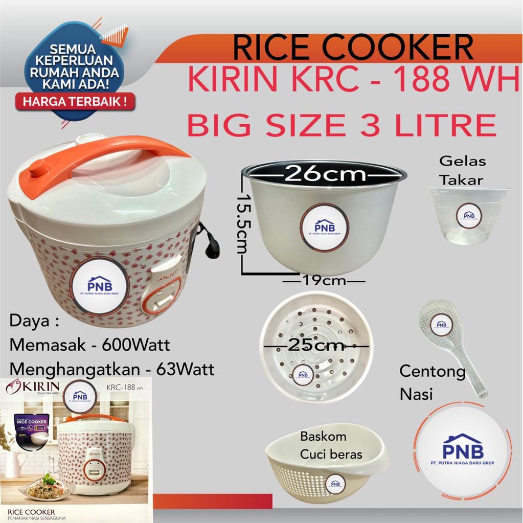 KIRIN RICE COOKER 3.0 LITER JUMBO |KRC-188 WH