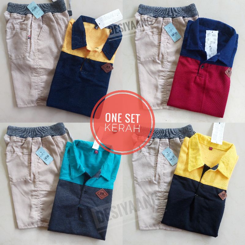 Setelan Anak Laki laki Polo Berkerah Kombinasi dan Celana Pendek Chino Size S Usia 3- 4 Tahun
