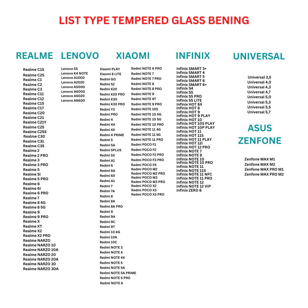 ⚠️[ PROMO ]⚠️ ALL TYPE TEMPERED GLASS BENING XIAOMI / OPPO / VIVO / SAMSUNG / REALME / IPHONE NOPACK