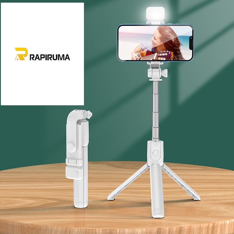 Tongsis Selfie Tripod Lampu LED Bluetooth 4 In 1 dengan remote control/ Selfie Stick Portable Flexible lampu LED/ Selfie Stick 360º-PUTIH + LED