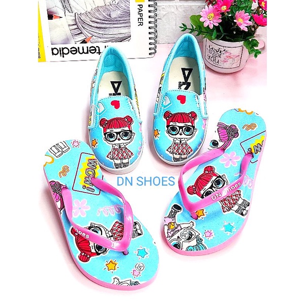 Paket Sepatu Anak Perempuan Sepatu dan Sandal jepit Anak Perempuan Slip on Anak Mutah Lucu Karakter LoL Biru