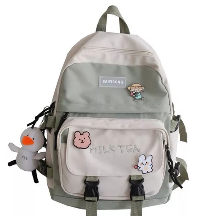 GTB TAS RANSEL WANITA TERBARU MODEL KOREA KANVAS BACK TO SCHOOL TAS WANITA MILK TEA  INCLUDE / BROS Tas Kekinian Tas Casual