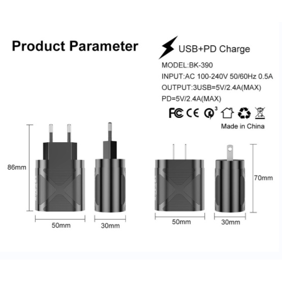 Adapter Charger 3 Port USB 48W Tipe C 3.0 Fast Charging Untuk Handphone / Tablet