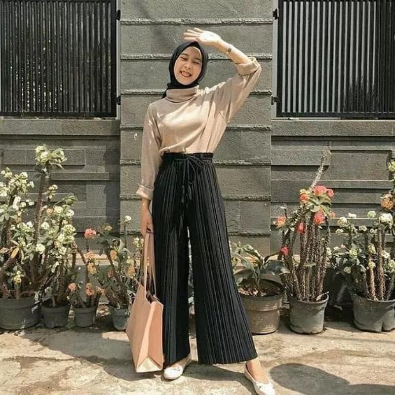 Rok plisket &amp; kulot plisket premium hitam tali lonceng