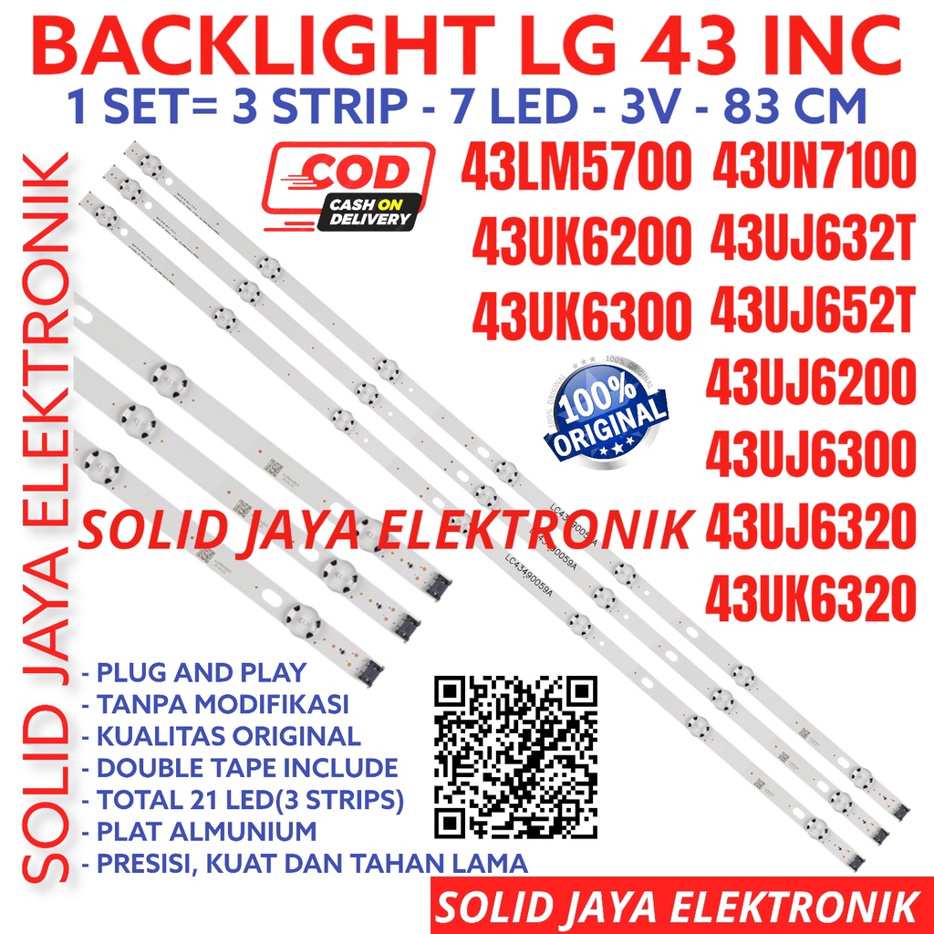 BACKLIGHT TV LED LG 43 INC 43UN7100 43UJ632 43UJ652 43UJ6200 43UJ6300 43UJ6320 43UK6200 43UK6300 43UK6320 T 43LM5700PTE 43LM5700 43LM LAMPU BL 43UJ632T 43UJ652T 43UJ 43UK 43UN 43UN7100PTE PTE 7K 3V 7 KANCING 3 VOLT V 43UJ652T ATIGLJD LAMPU LG