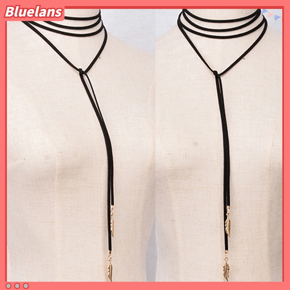 Bluelans Kalung Choker Tali Velvet Liontin Bulu Gaya Punk Untuk Wanita