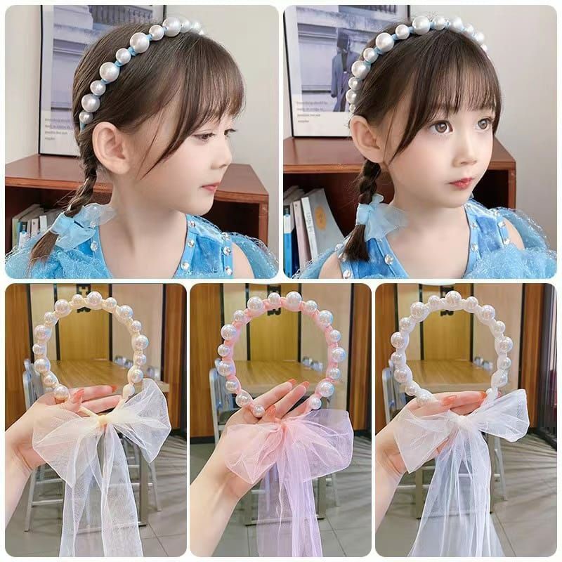 Bandana Mutiara Pita Tulle Panjang Bisa diikat Gaya Korea Bando