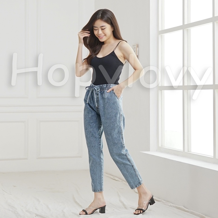 HOPYLOVY Celana Boyfriend Jeans Wanita Pinggang Karet BF Snow Eva