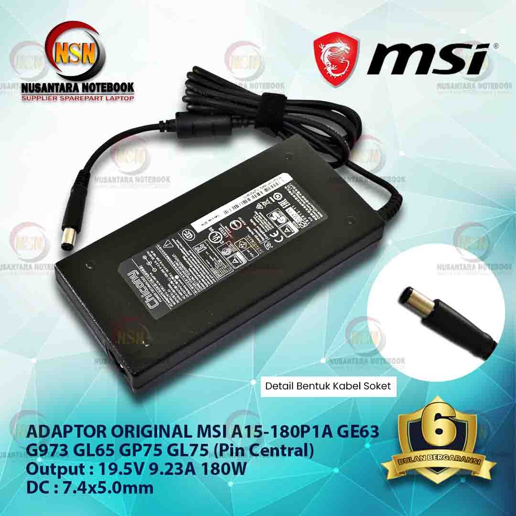 Adaptor Original MSI GE63 G973 GL65 19.5V 9.23A 180W DC 7.4x5.0mm A15-180P1A (Pin Central)  Deskripsi Produk Model No: A15-180P1A Output: 19.5V 9.23A 180W DC 7.4x5.0mm Termasuk Kabel Power  Kondisi: 100% Baru  Garansi 6 Bulan Replace Unit  ===============