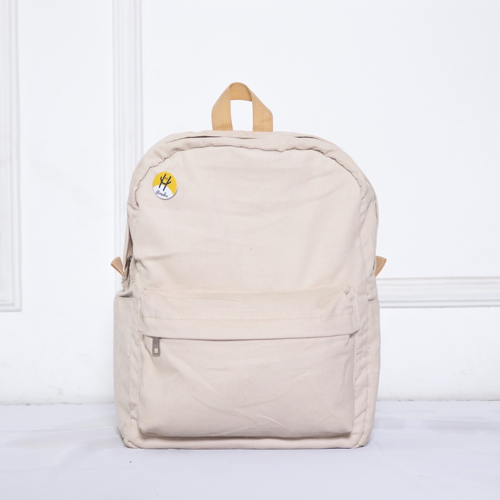 Himeku OOGIE PIN Backpack Corduroy Tas Ransel Tas Sekolah Tas Gendong-Cream