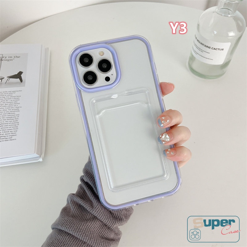 3in1 Soft Case Kartu Kredit Shockproof Warna Permen Polos Untuk iPhone 11 13 12 14 Pro MAX 7Plus 8Plus XR 7 8 6 6S Plus X XS MAX SE 2020