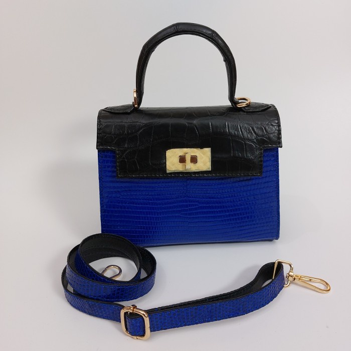 tas tangan wanita biru elektrik lizard mix croco