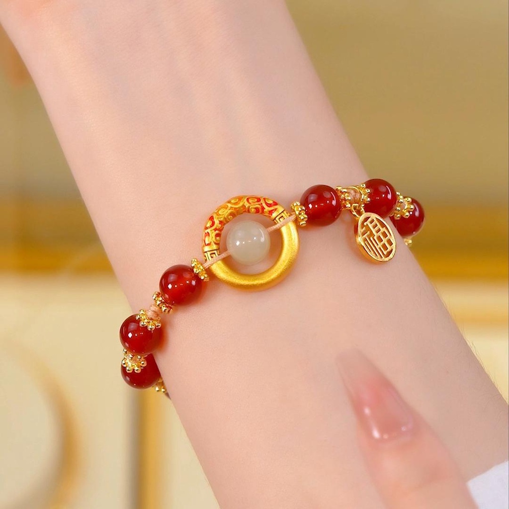 2023 Gelang Tangan Emas 18K Manik Batu Agate Fengshui Keberuntungan Untuk Hadiah Tahun Baru Cina