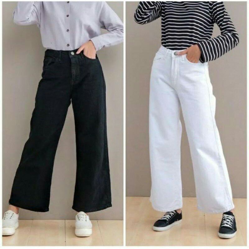 Celana kulot jeans wanita putih lilac hitam denim jins cewek  Boyfriend korean style kekinian