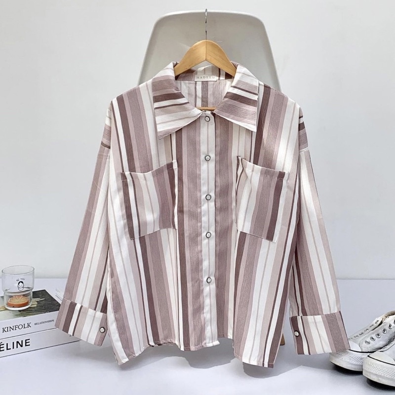BASIC SHIRT CERENA STRIPE / KEMEJA WANITA OVERSIZE CANDY CUTE SHIRT XL