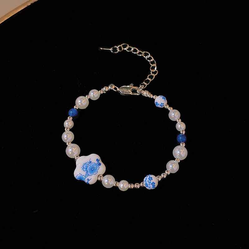 Perhiasan Gelang Tangan Wanita Hias Mutiara Porselen Biru Putih Gaya China