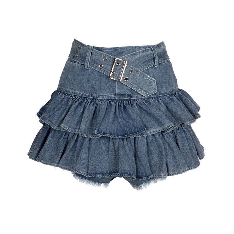 #Sisjuly# Lapisan ganda wanita ruffle palsu dua potong rok jeans pinggang tinggi anti-ringan bagian