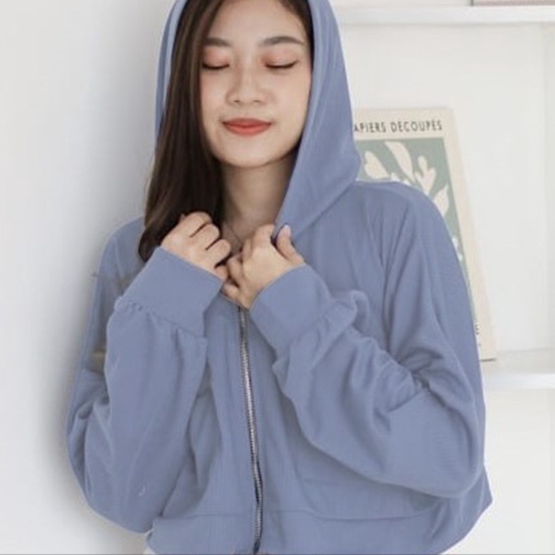 Jaket Crop Wanita Andin - Korean Crop Jacket Pocket Zipper - Atasan Viral Wanita - Jacket Cropped Wanita | Bahan Fleece | Allsize