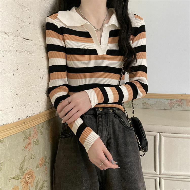 YIU YIU Rajut - Atasan Knit Wanita Lengan Panjang Korean Style V-neck Inner Stripe Top