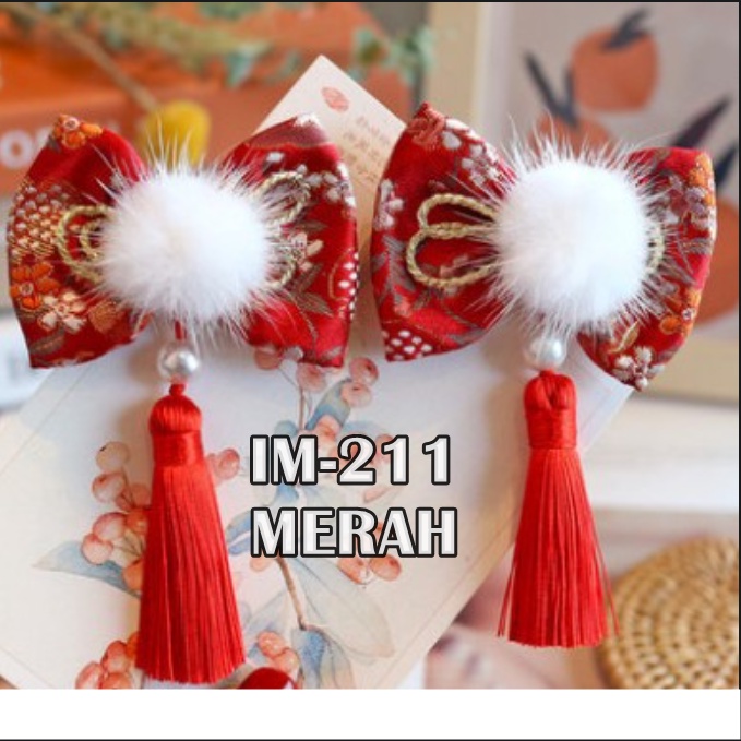 [ORGM] Ikat Rambut Pompom Jepit Rambut Rumbai Imlek Bunga Merah