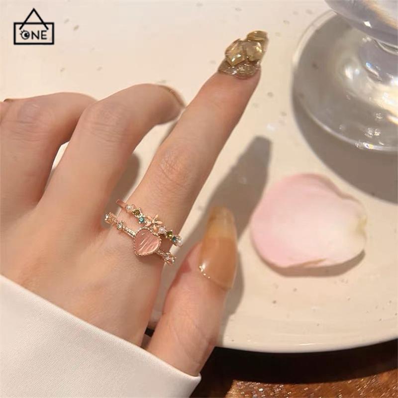 COD❤️Cincin Hati Love Cinta Fashion Korea Wanita Bentuk Bunga Pembukaan Dapat Disesuaikan Cahaya Mewah Manis Cincin Wanita-A.one