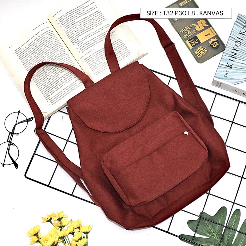Bayar di Tempat COD Tas Ransel Serut Bahan Kanvas KANTONG Depan Ukuran Medium tas punggung wanita-Warna 677