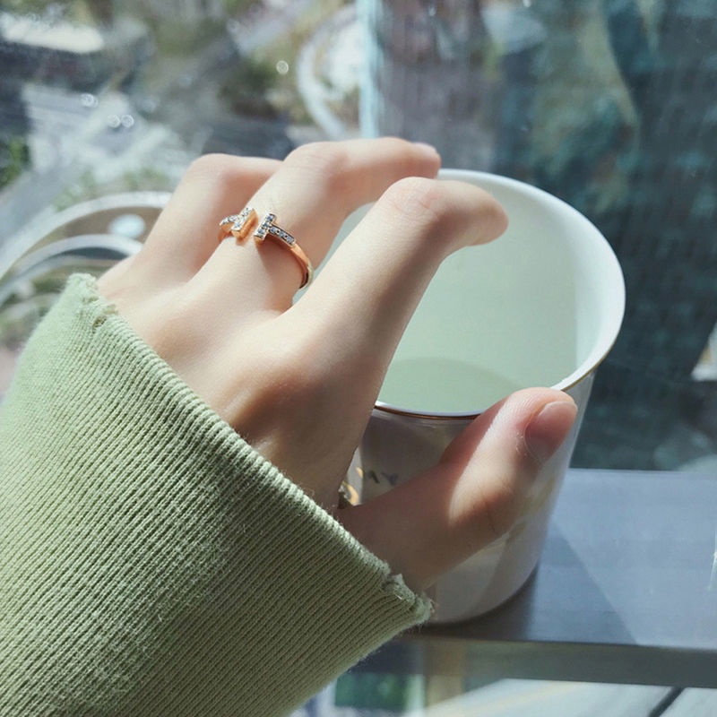 Cincin Model Terbuka Desain T Ganda Hias Berlian Warna Silvergold Gaya Koreasimple Untuk Priawanita