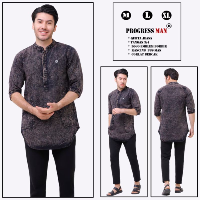 Qurta Koko Jeans Premium/Baju Koko Denim Dewasa/Kurta Jeans Pria Terbaru/Koko Jeans Sandwash Origina