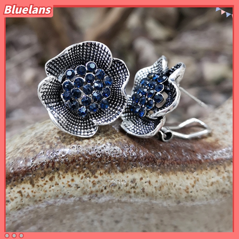 Bluelans Vintage Women Rhinestone Inlaid Rose Flower Shape Stud Earrings Jewelry Gift