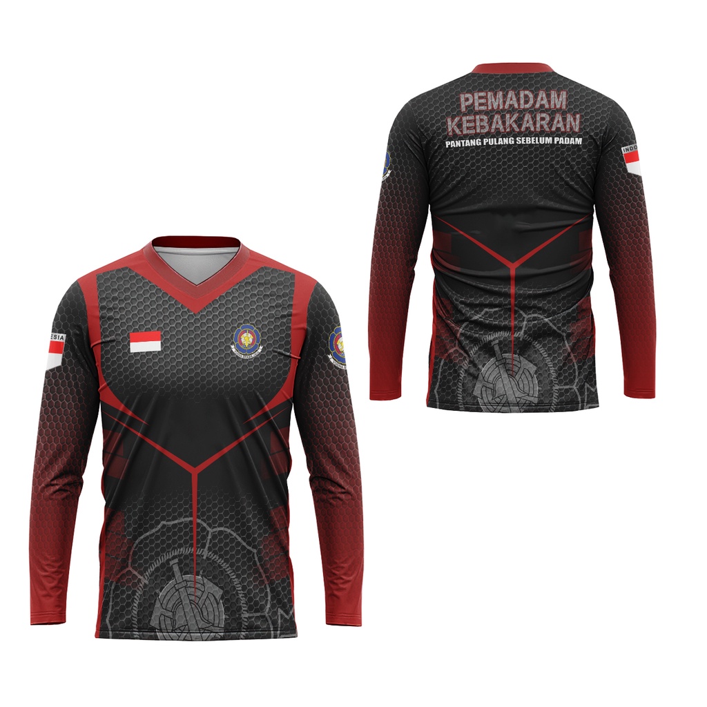 Fikastore - KaosPanjang Pria Motif Damkar Pemadam Kebakaran FullPrint V-Neck