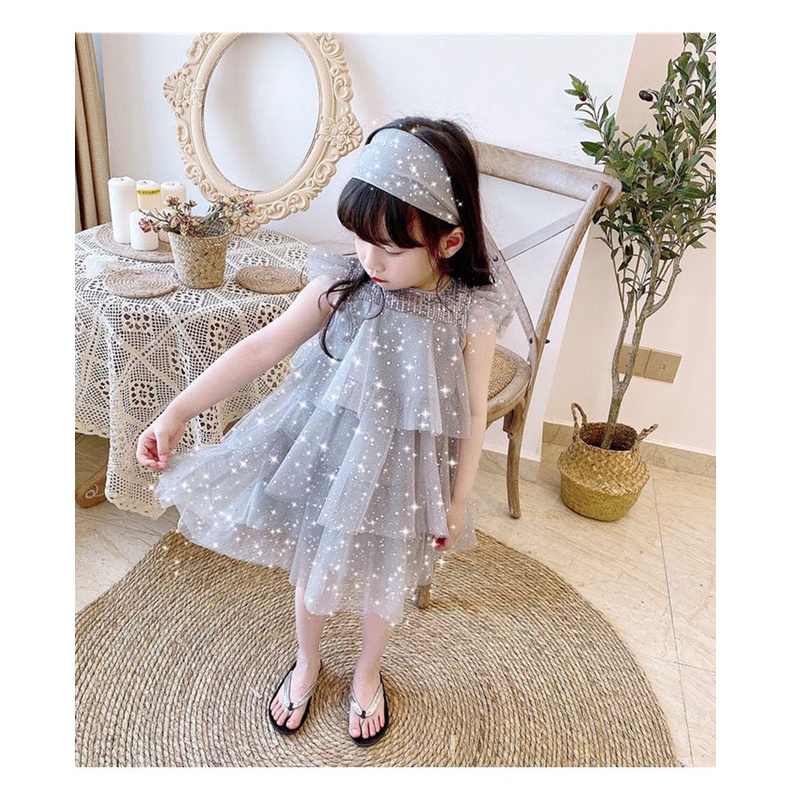 Dress Pesta Anak Perempuan Warna Grey Motif Layer Glitter