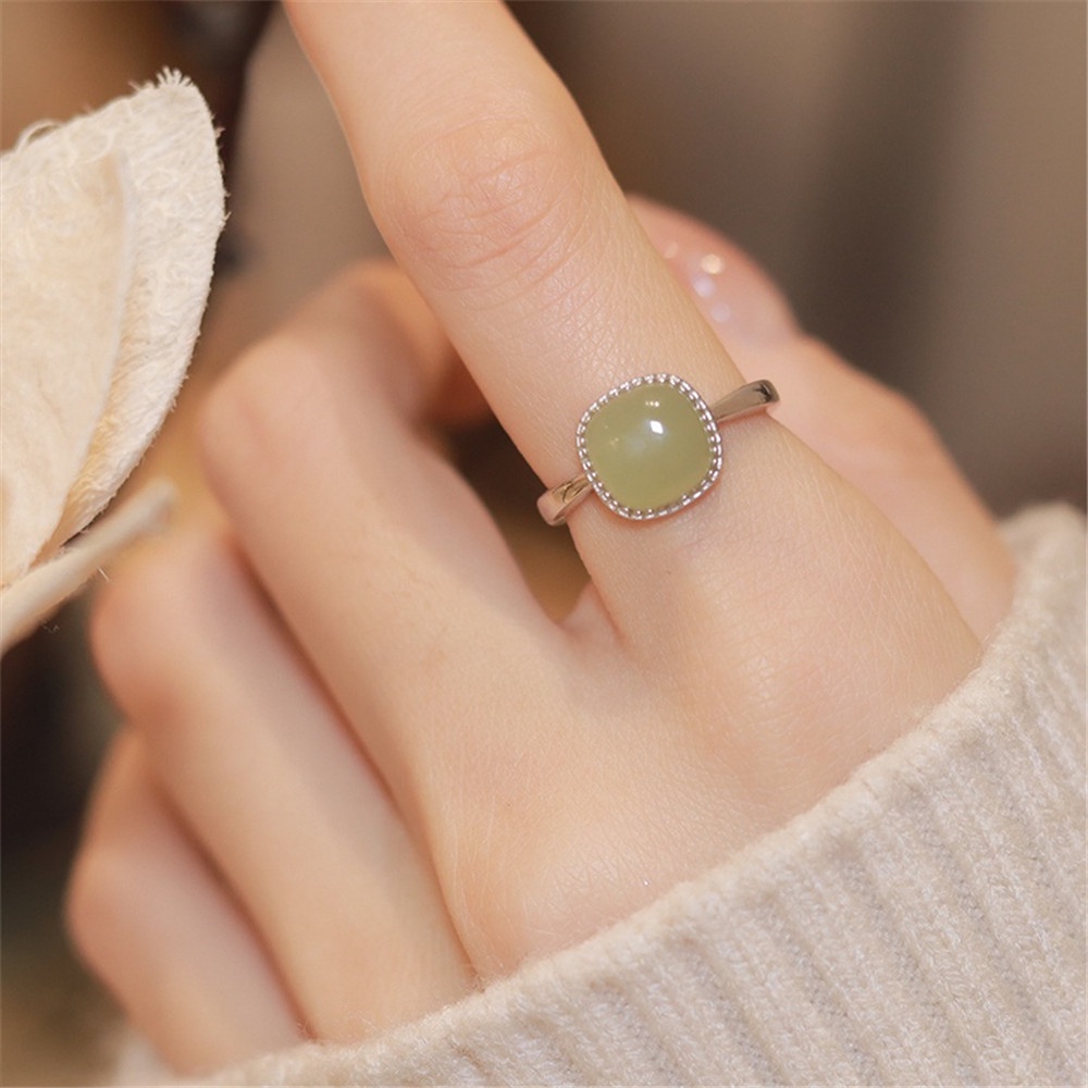 Cincin Batu Giok Bentuk Kotak Model Terbuka Gaya Vintage Minimalis Untuk Wanita