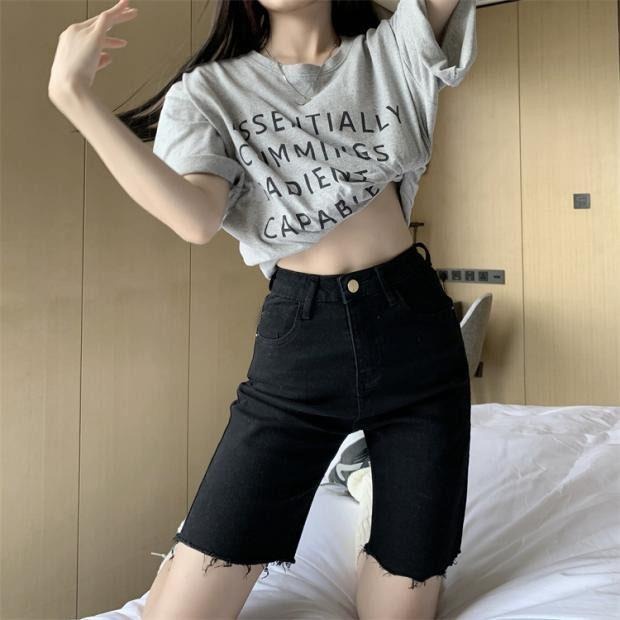 terbaru 2023 jeans stretch wanita short pants wanita hitam melar ripped hotpant cewek 3/4 jeans pendek denim kekinian