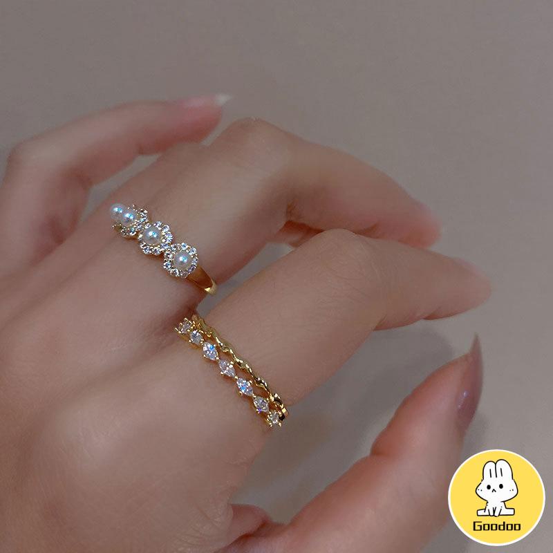 Double-layer Retro Pearl Diamond Ring Niche Light Desain Mewah Cincin Dapat Disesuaikan Terbuka -Doo