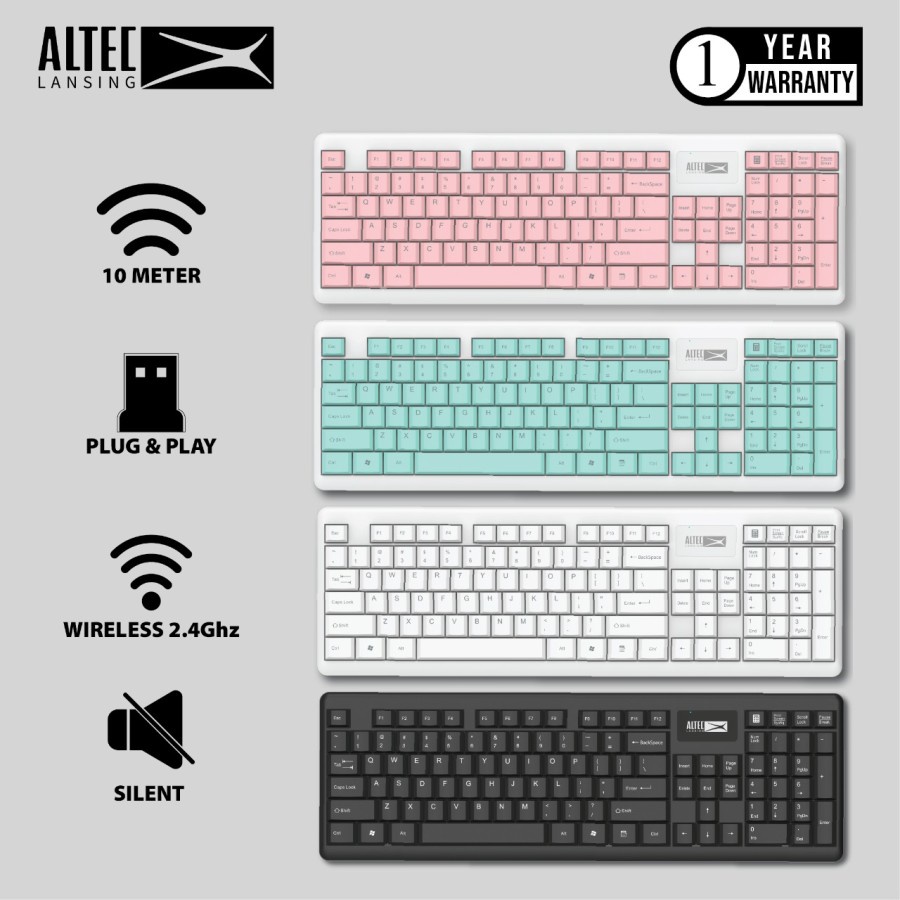 Keyboard altec lansing wireless 2.4ghz usb 104 key membrane full size silent for office gaming pc laptop cpu albk6314 albk-6314