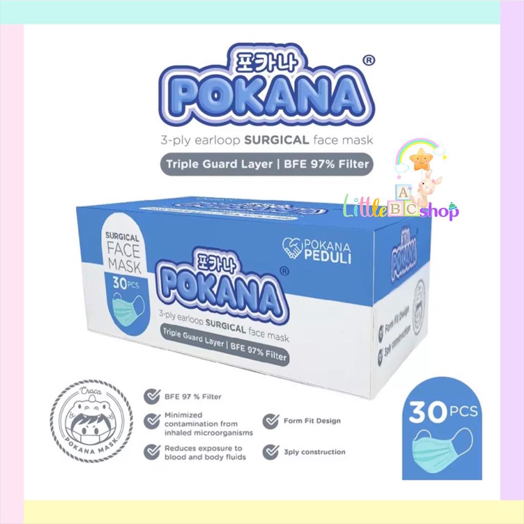 Pokana 3ply Earloop Surgical  Face Masker isi30pc Masker dewasa / masker medis
