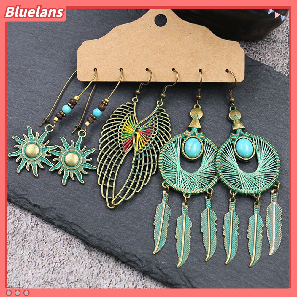 Bluelans 3 Pasang / Set Anting Kait Gantung Desain Geometri Bulat + Rumbai Gaya Vintage Untuk Wanita