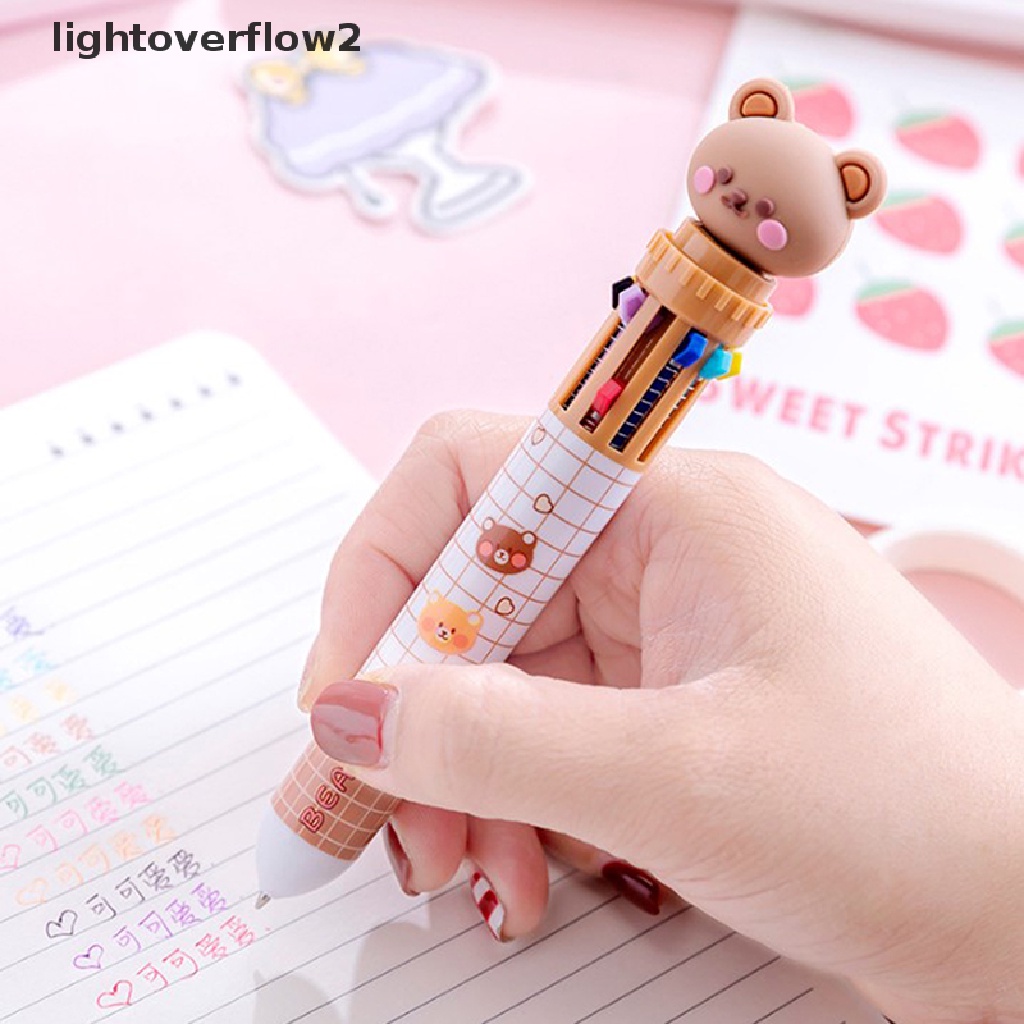 (lightoverflow2) Pulpen / Bolpoin 10 Warna Bahan Silikon Motif Kartun Beruang Untuk Sekolah / Kantor