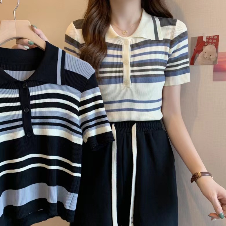 Stripe Baju Rajut Lengan Pendek Wanita Knit Sweater Korea