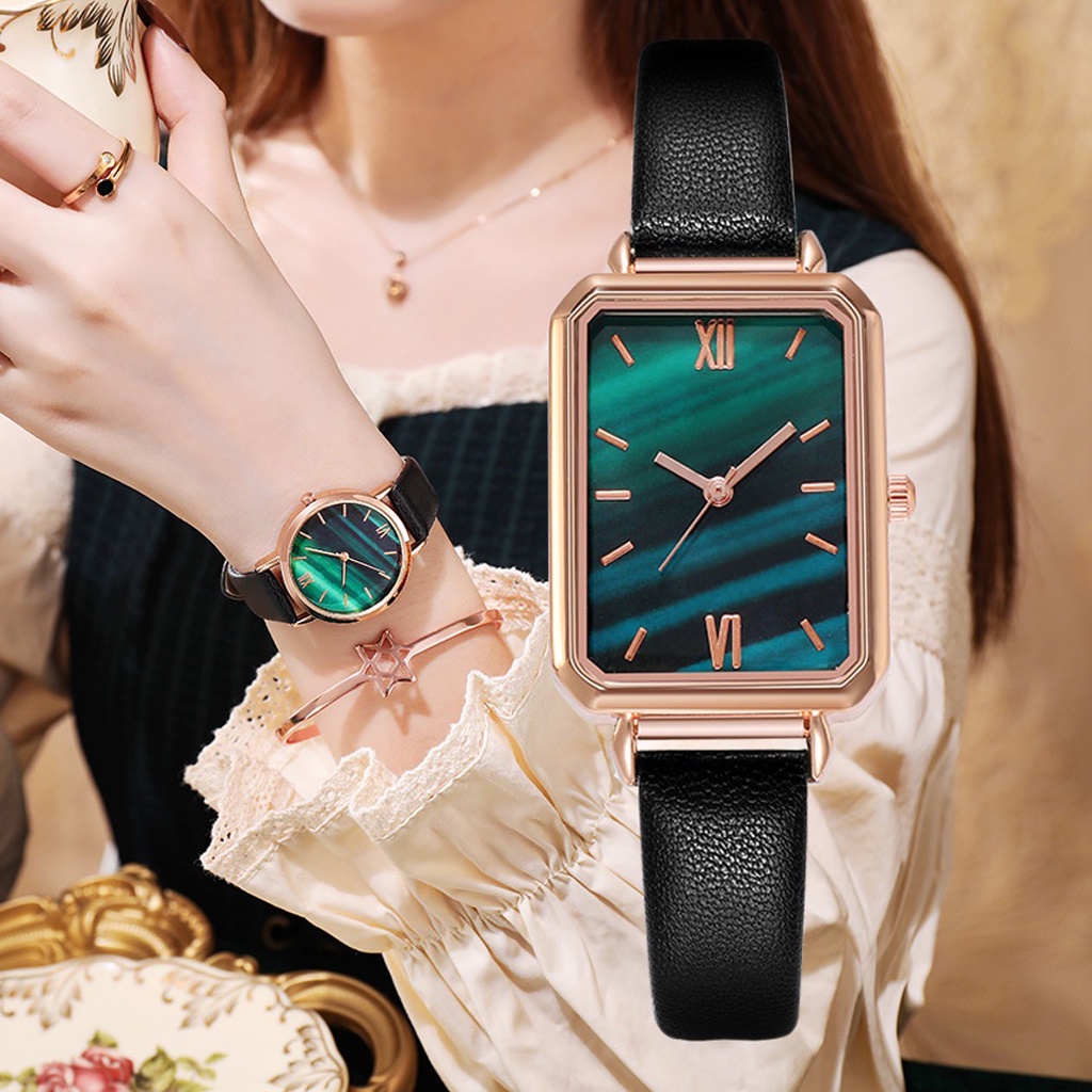 ☀ INDOLAND ☀ Jam Tangan Kecil Wanita Dial Kotak Gradasi Analog Quartz Strap Pu Leather Fashion Import JT054