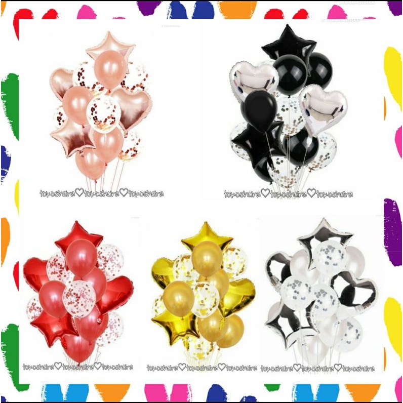 Paket Balon Latex Confetti Isi 17 Set Balon Foil Bintang Love 40cm Rose Gold Silver Merah Hitam Biru